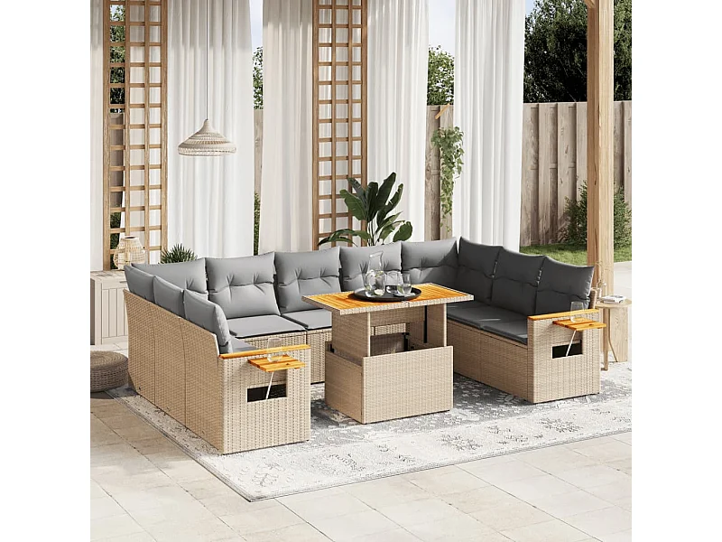 Set Divani da Giardino 11 pz con Cuscini Beige in Polyrattan