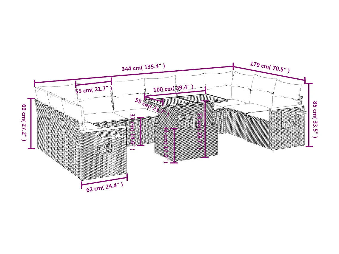 11 pcs conjunto sofás de jardim c/ almofadões vime PE bege