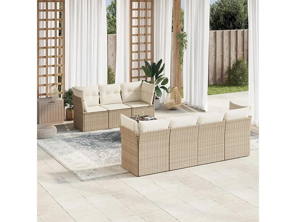 Set Divano da Giardino 8 pz con Cuscini Beige in Polyrattan