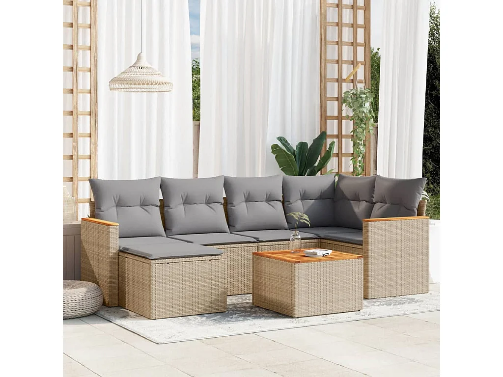 7-delige Loungeset met kussens poly rattan beige