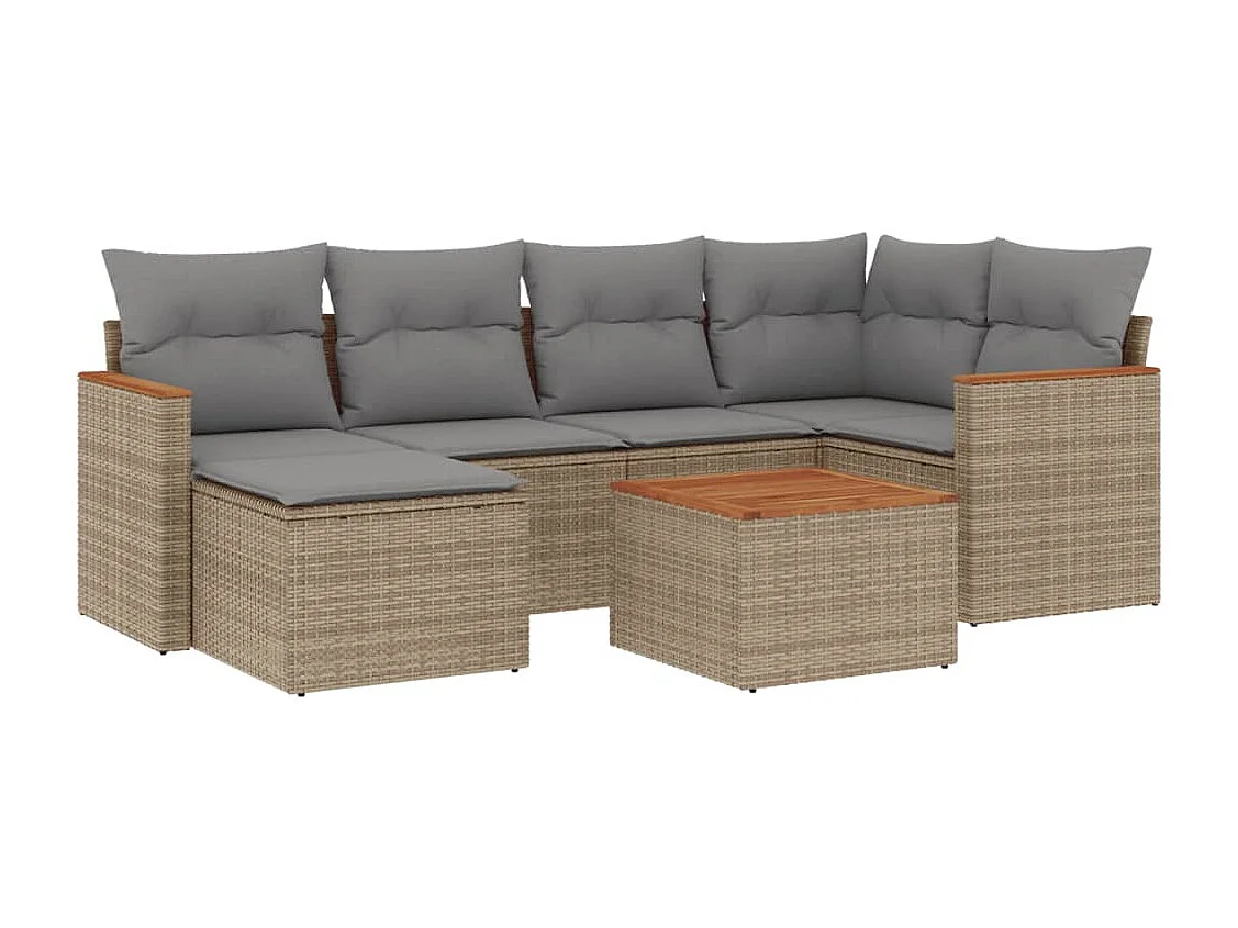 7-delige Loungeset met kussens poly rattan beige