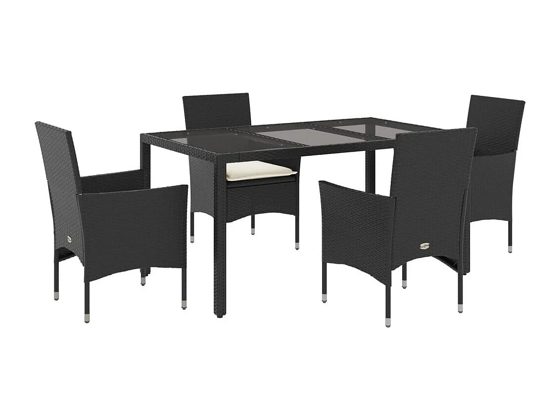 Ensemble à manger de jardin et coussins 5 pcs noir rotin verre