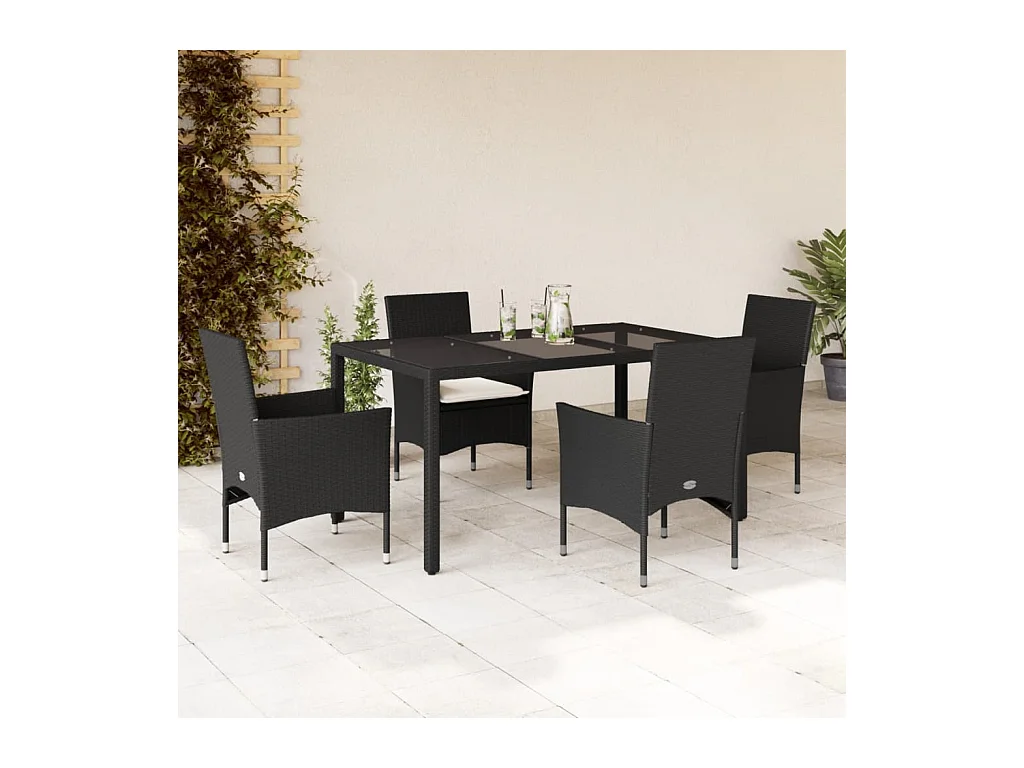 Ensemble à manger de jardin et coussins 5 pcs noir rotin verre