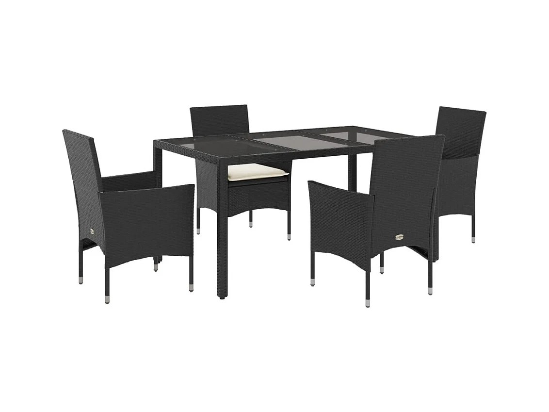 Ensemble à manger de jardin et coussins 5 pcs noir rotin verre