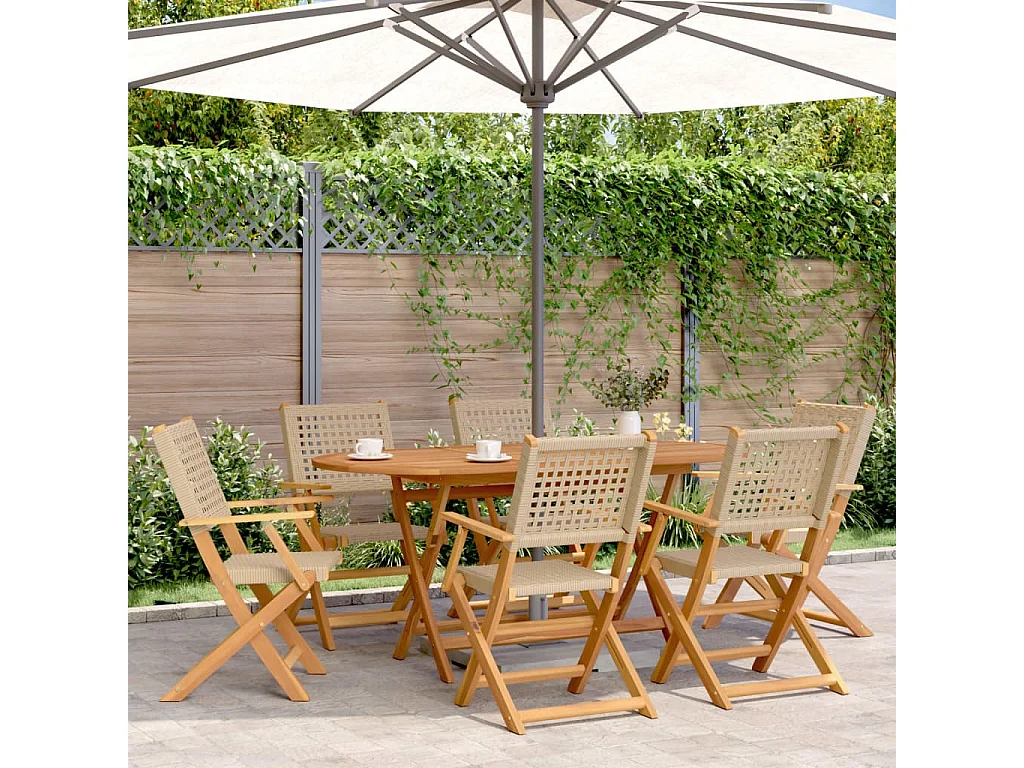 Ensemble à manger de jardin 7 pcs beige rotin et bois massif