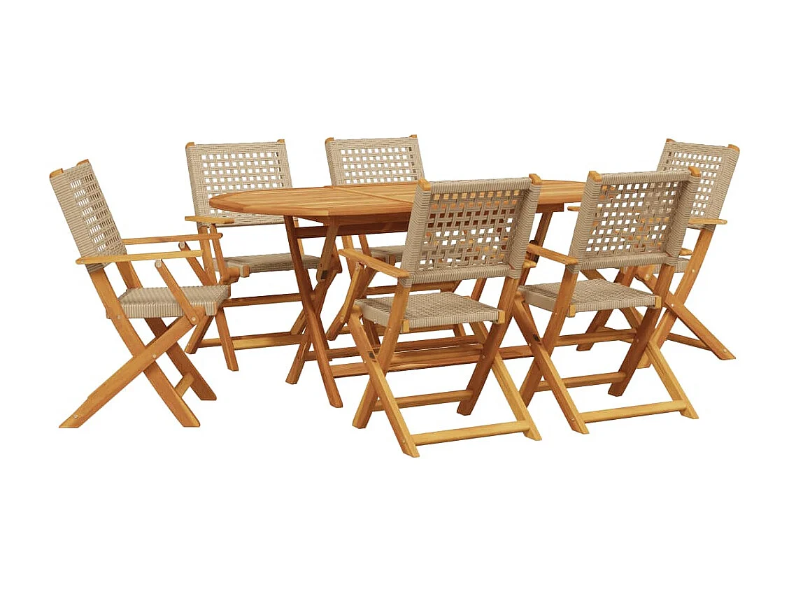 Ensemble à manger de jardin 7 pcs beige rotin et bois massif