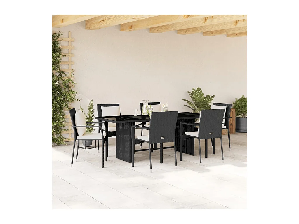 7-tlg. Garten-Essgruppe mit Kissen Schwarz Poly Rattan