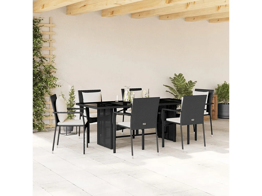Set da Pranzo da Giardino 7 pz Nero con Cuscini in Polyrattan