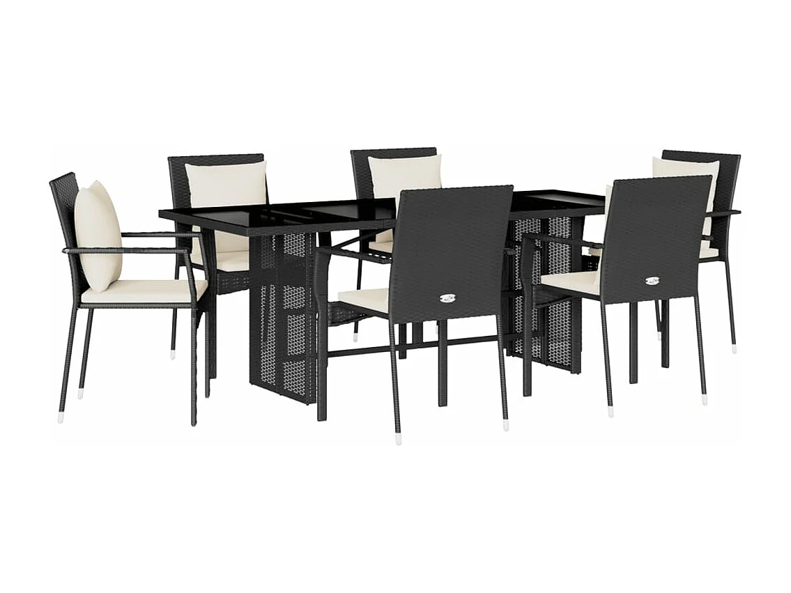 Set da Pranzo da Giardino 7 pz Nero con Cuscini in Polyrattan