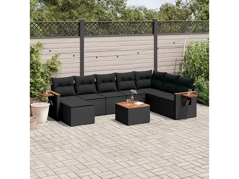 9-tlg. Garten-Sofagarnitur mit Kissen Schwarz Poly Rattan