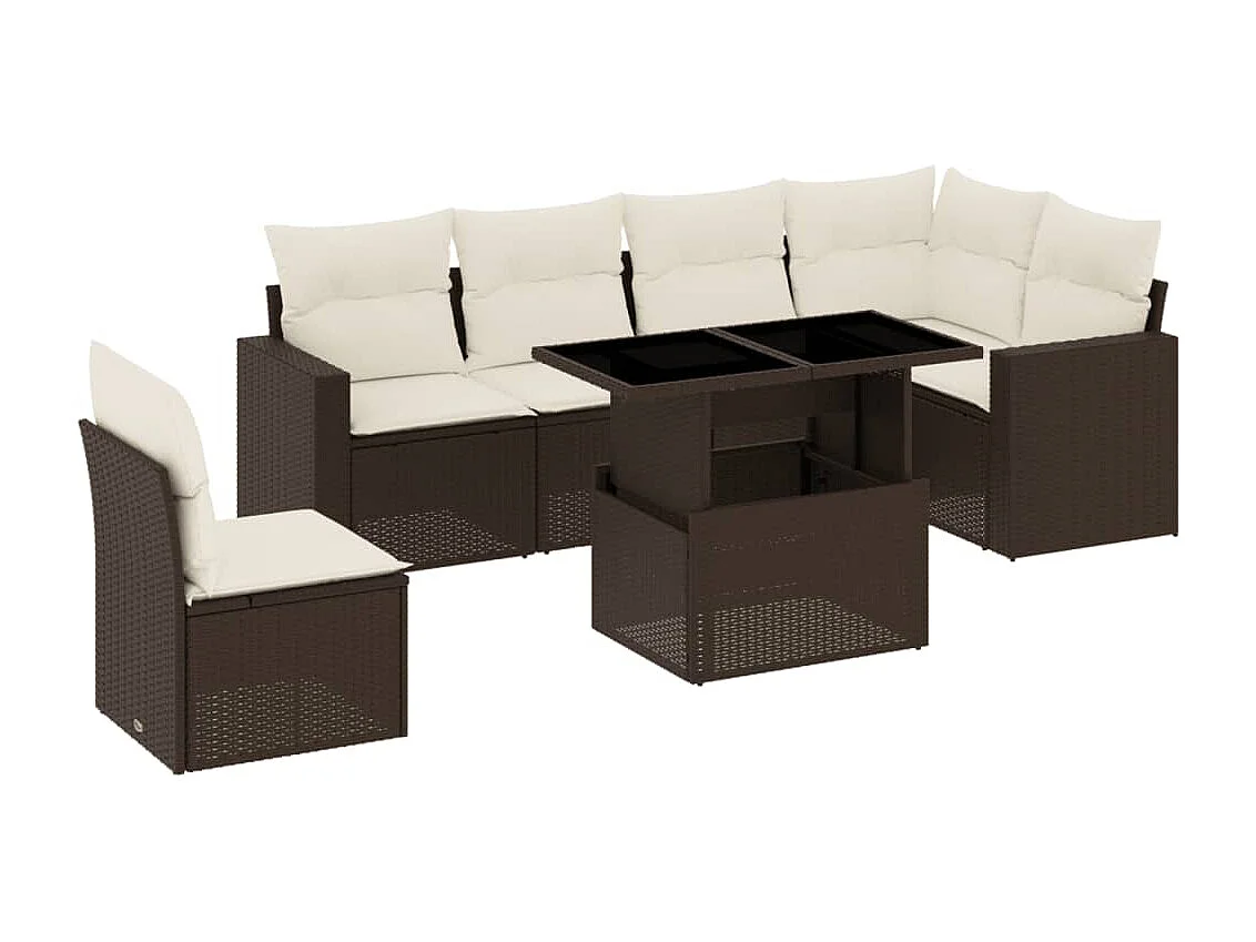Salon de jardin avec coussins 7 pcs marron résine tressée