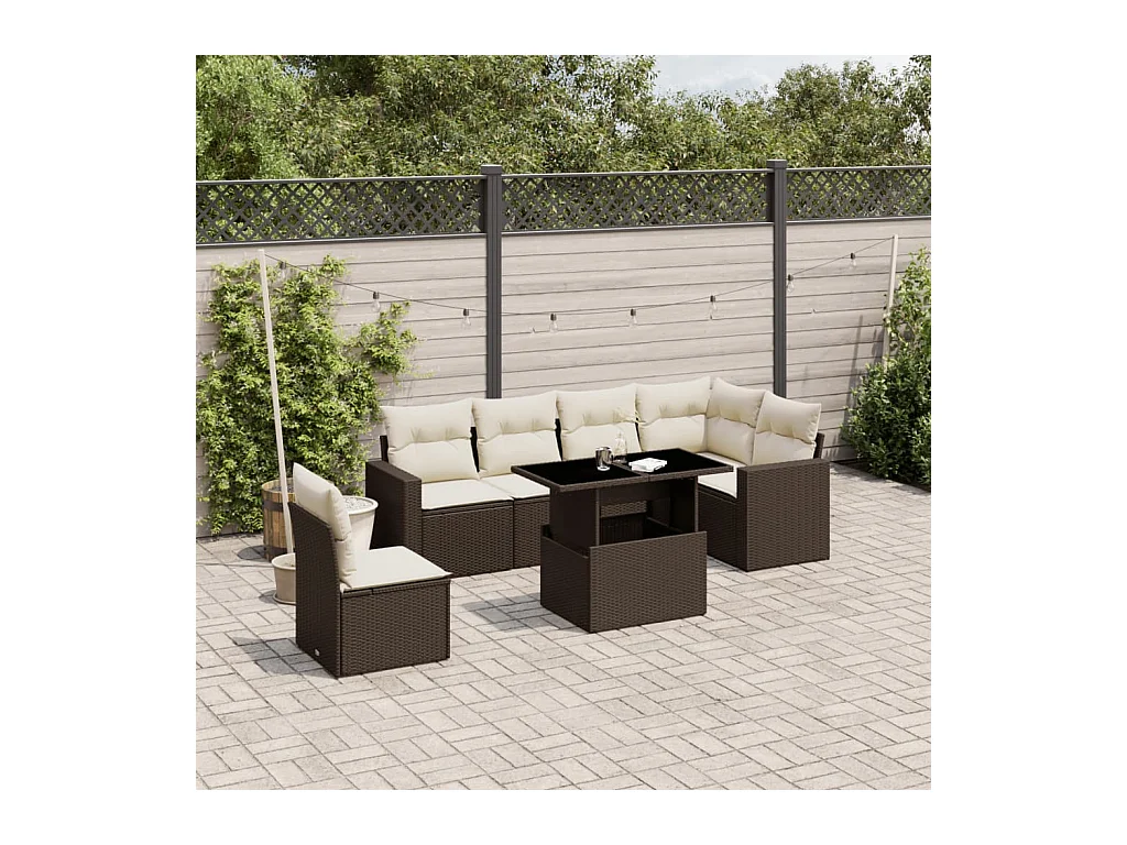 Salon de jardin avec coussins 7 pcs marron résine tressée