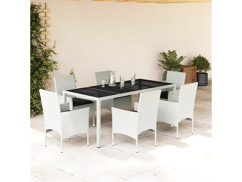 Ensemble à manger de jardin et coussins 7 pcs blanc rotin verre