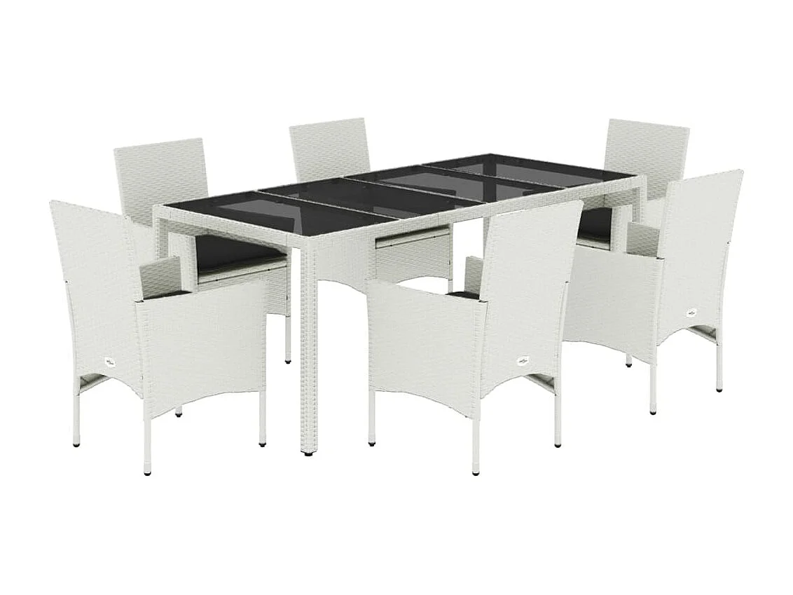 Ensemble à manger de jardin et coussins 7 pcs blanc rotin verre