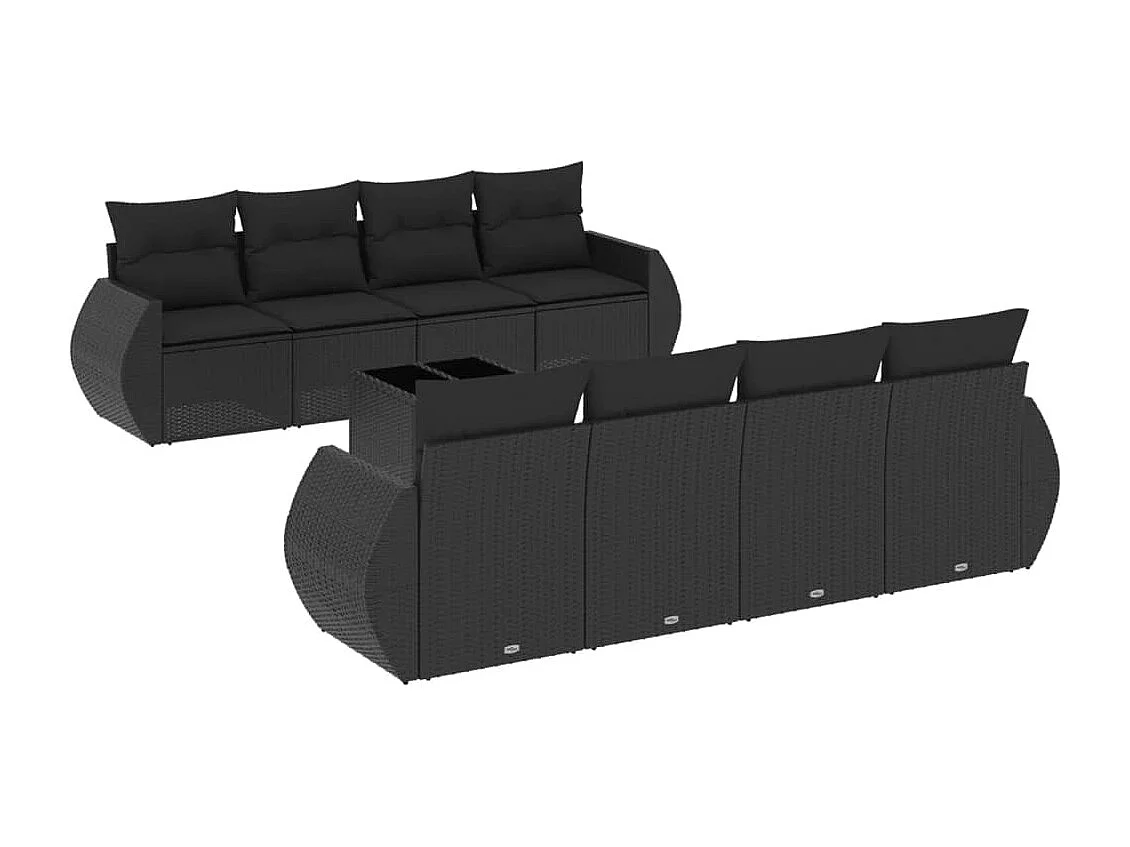 Salon de jardin 9 pcs avec coussins noir résine tressée