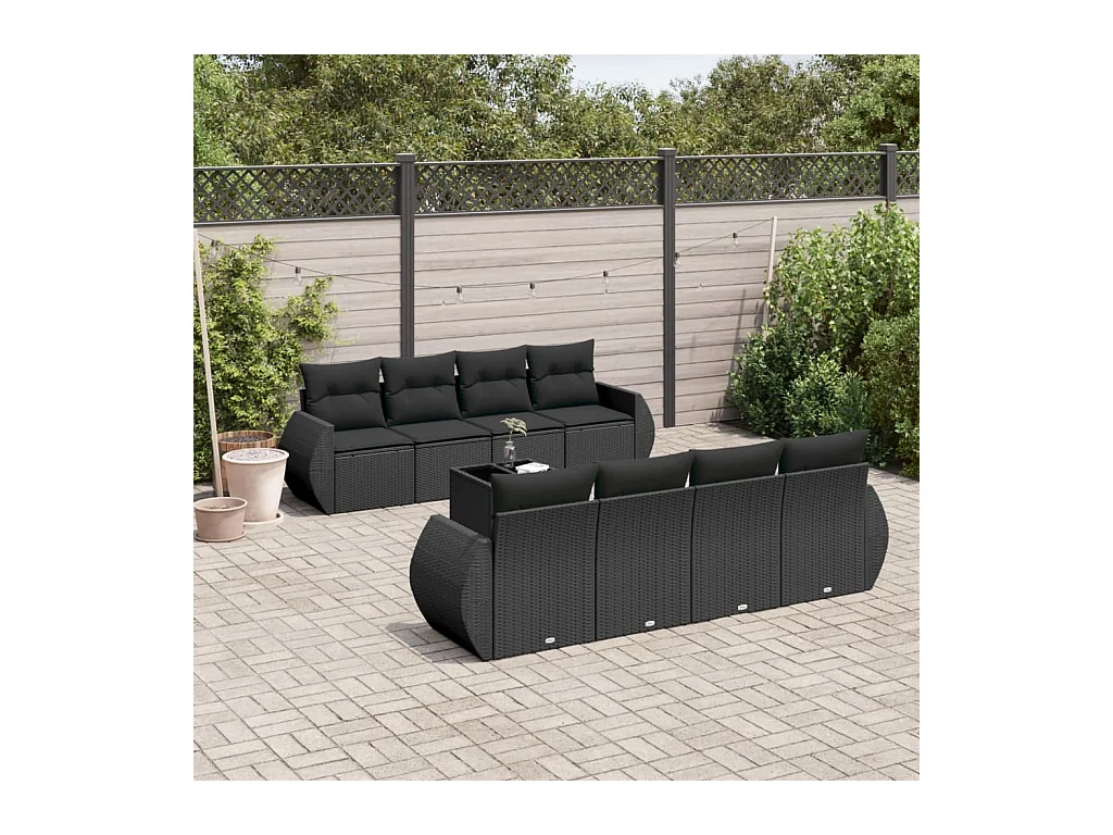 Set de sofás de jardín 8 piezas y cojines ratán sintético negro