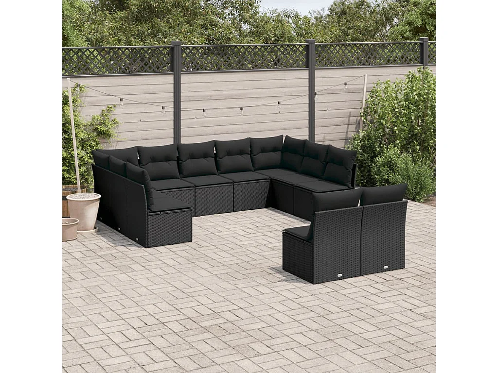 11-tlg. Garten-Sofagarnitur mit Kissen Schwarz Poly Rattan