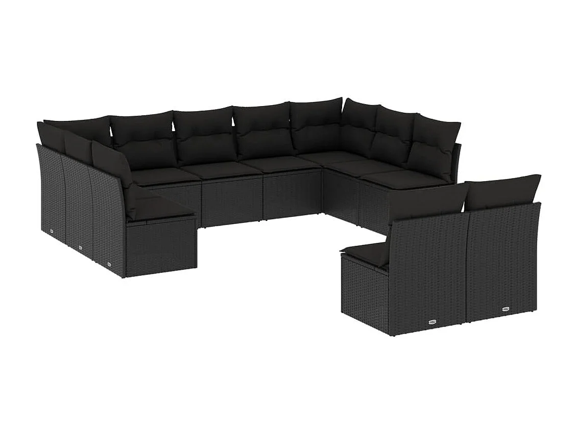 11-tlg. Garten-Sofagarnitur mit Kissen Schwarz Poly Rattan