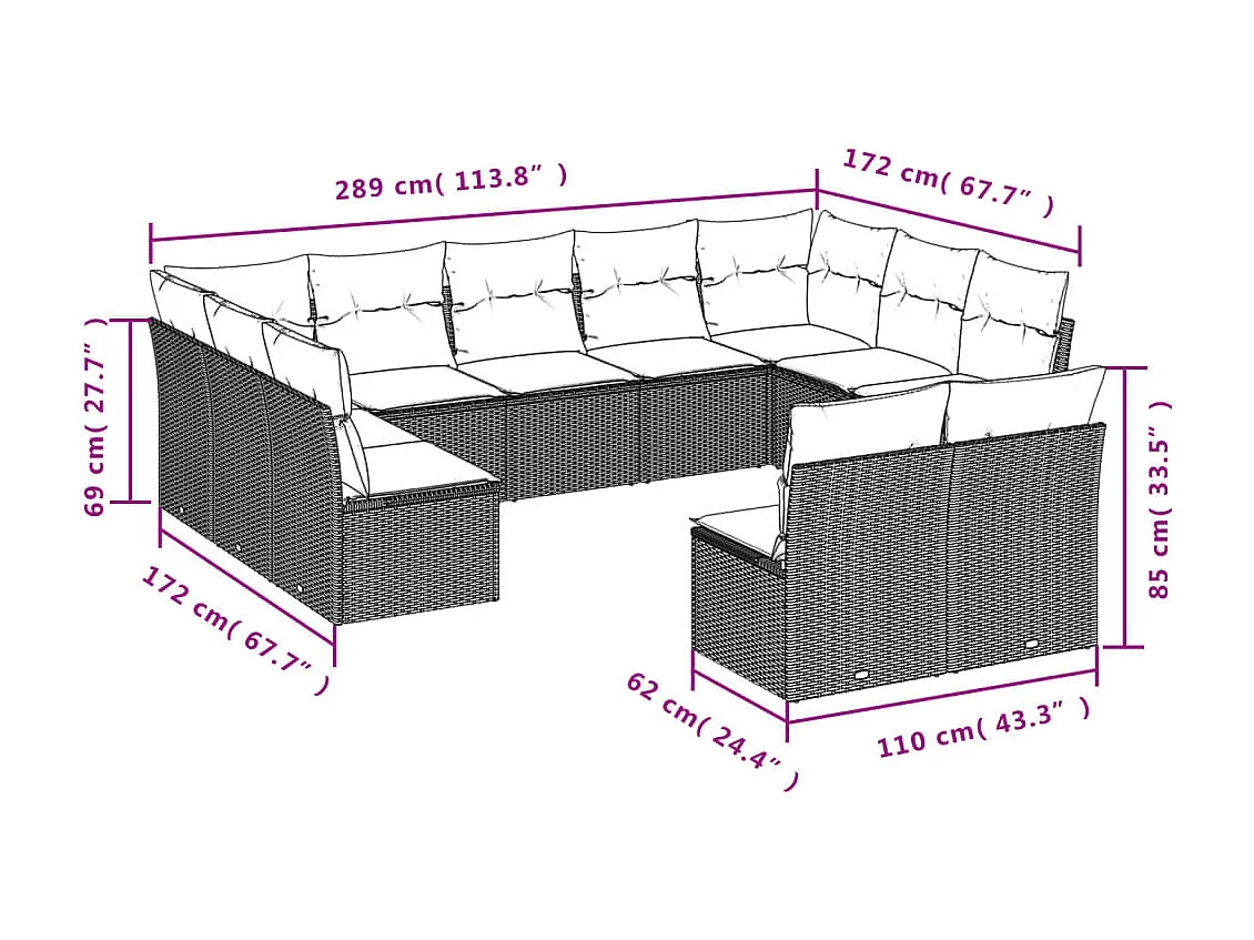 11-tlg. Garten-Sofagarnitur mit Kissen Schwarz Poly Rattan