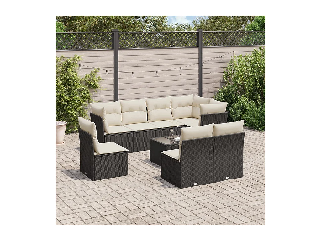 9-tlg. Garten-Sofagarnitur mit Kissen Schwarz Poly Rattan