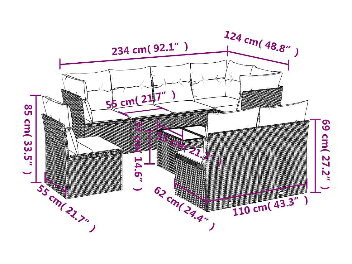 9-tlg. Garten-Sofagarnitur mit Kissen Schwarz Poly Rattan