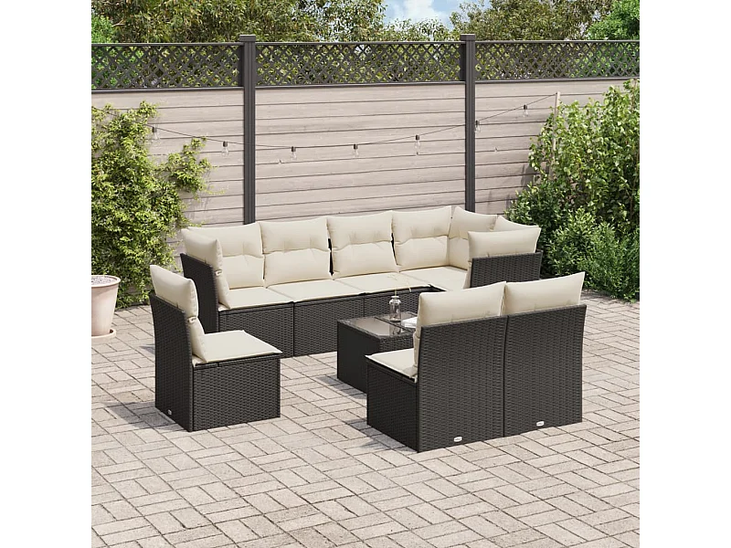 9-tlg. Garten-Sofagarnitur mit Kissen Schwarz Poly Rattan