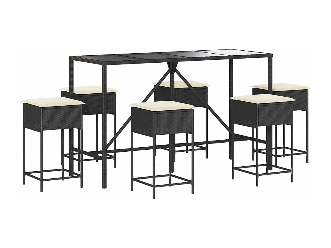 7-tlg. Gartenbar-Set mit Kissen Schwarz Poly Rattan