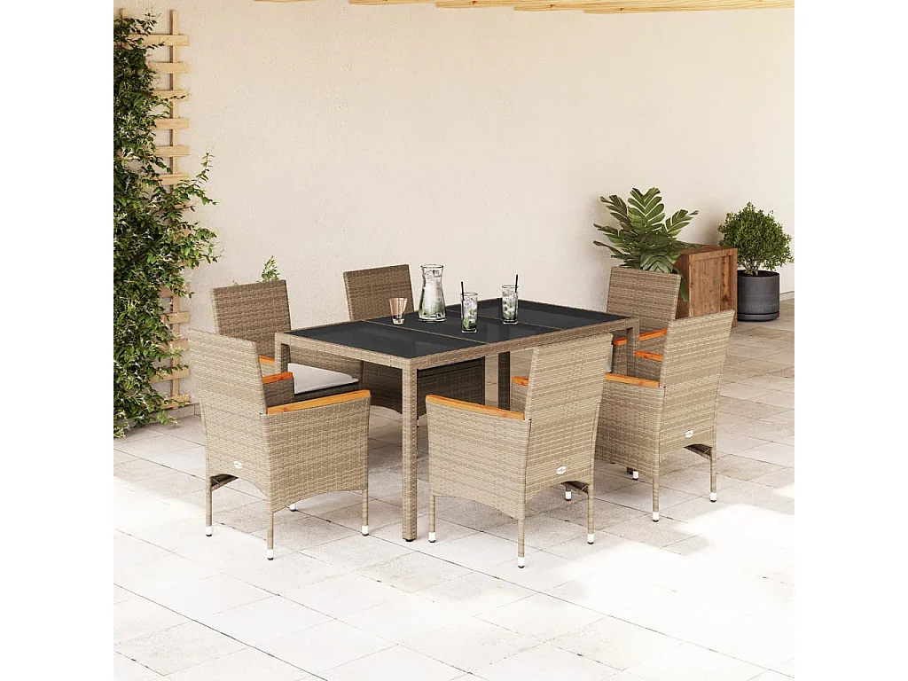 Ensemble à manger de jardin et coussins 7 pcs beige rotin verre