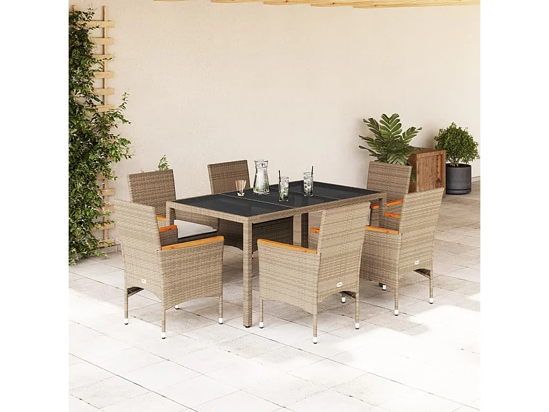 Set da Pranzo da Giardino 7 pz con Cuscini Polyrattan e Vetro