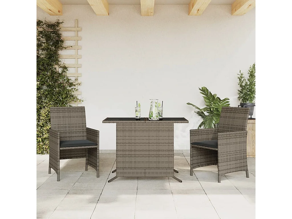 3-tlg. Bistro-Set mit Kissen Grau Poly Rattan