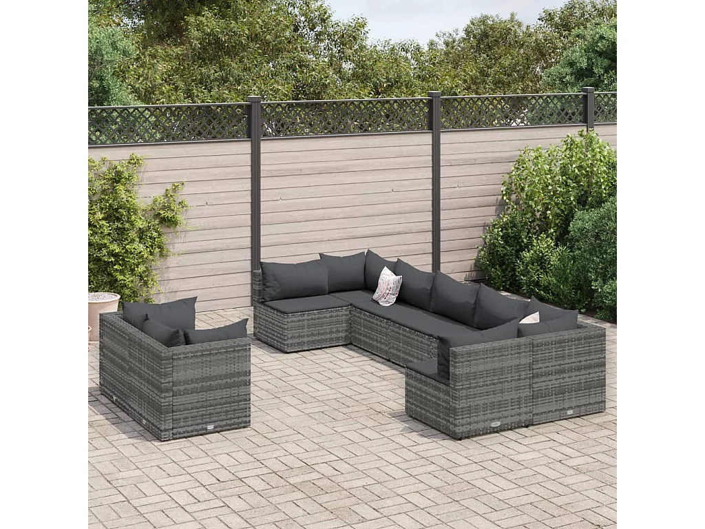 Salon de jardin 9 pcs avec coussins gris résine tressée