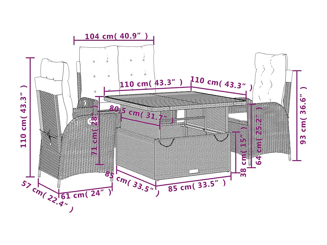 Ensemble à manger de jardin coussins 4 pcs beige résine tressée