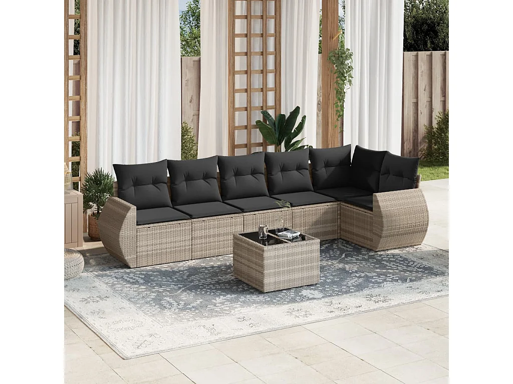 Set Divani da Giardino 7pz con Cuscini Grigio Chiaro Polyrattan