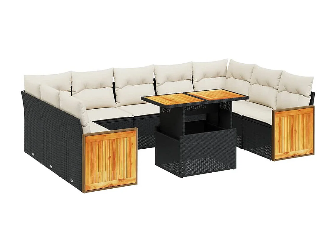 Salon de jardin 10 pcs avec coussins noir résine tressée