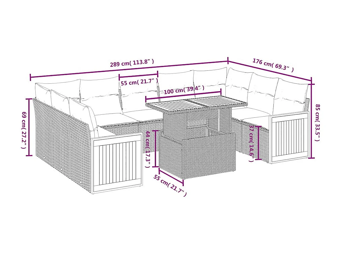 Salon de jardin 10 pcs avec coussins noir résine tressée