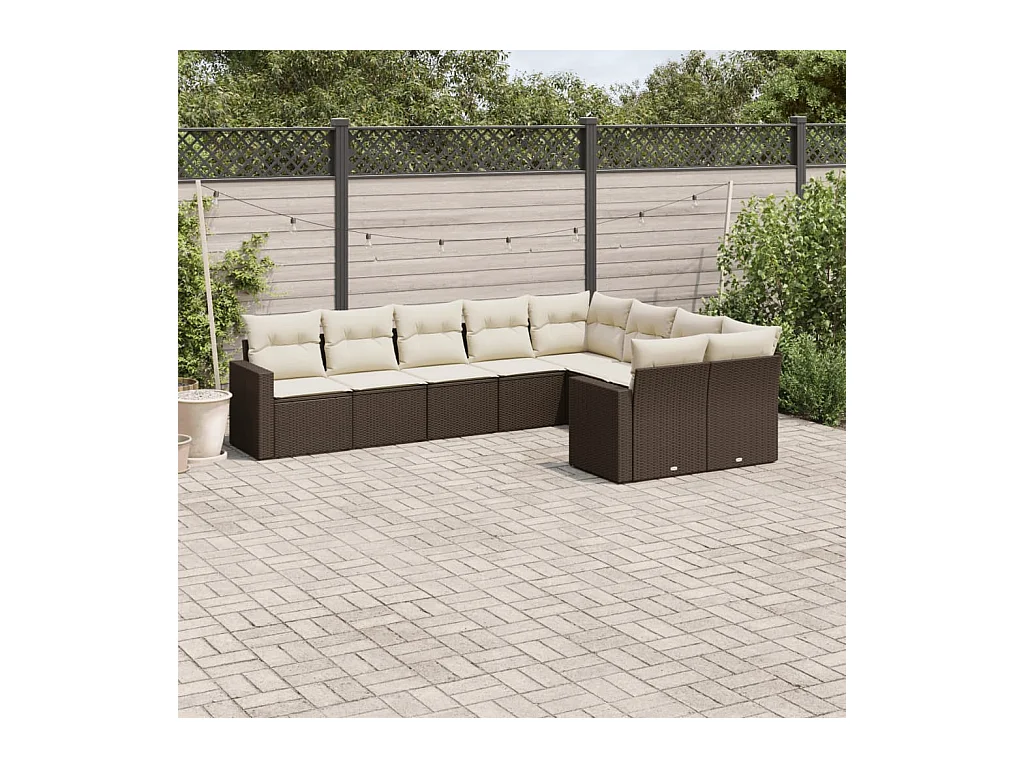 9-delige Loungeset met kussens poly rattan bruin