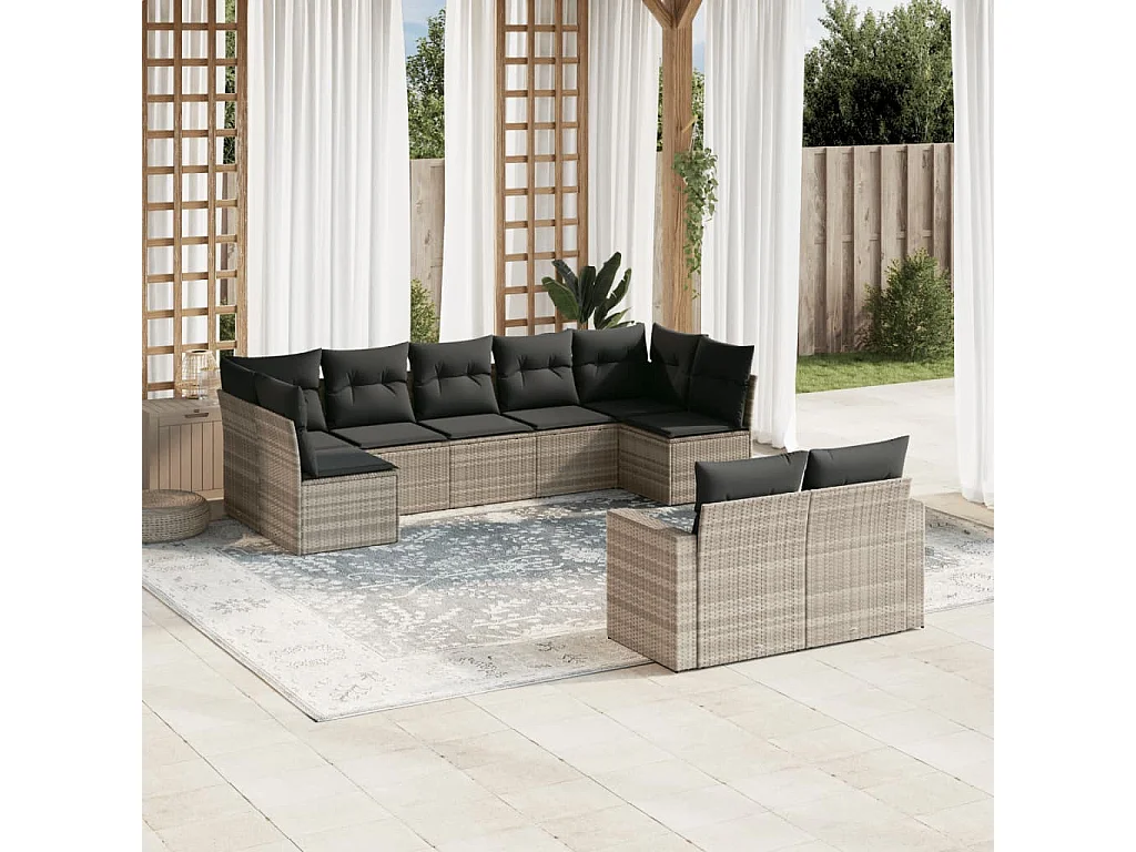 9 pcs conj. sofás jardim com almofadões vime PE cinzento-claro