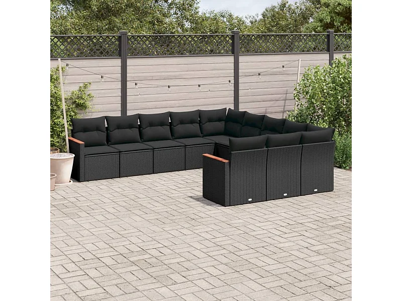 11-tlg. Garten-Sofagarnitur mit Kissen Schwarz Poly Rattan