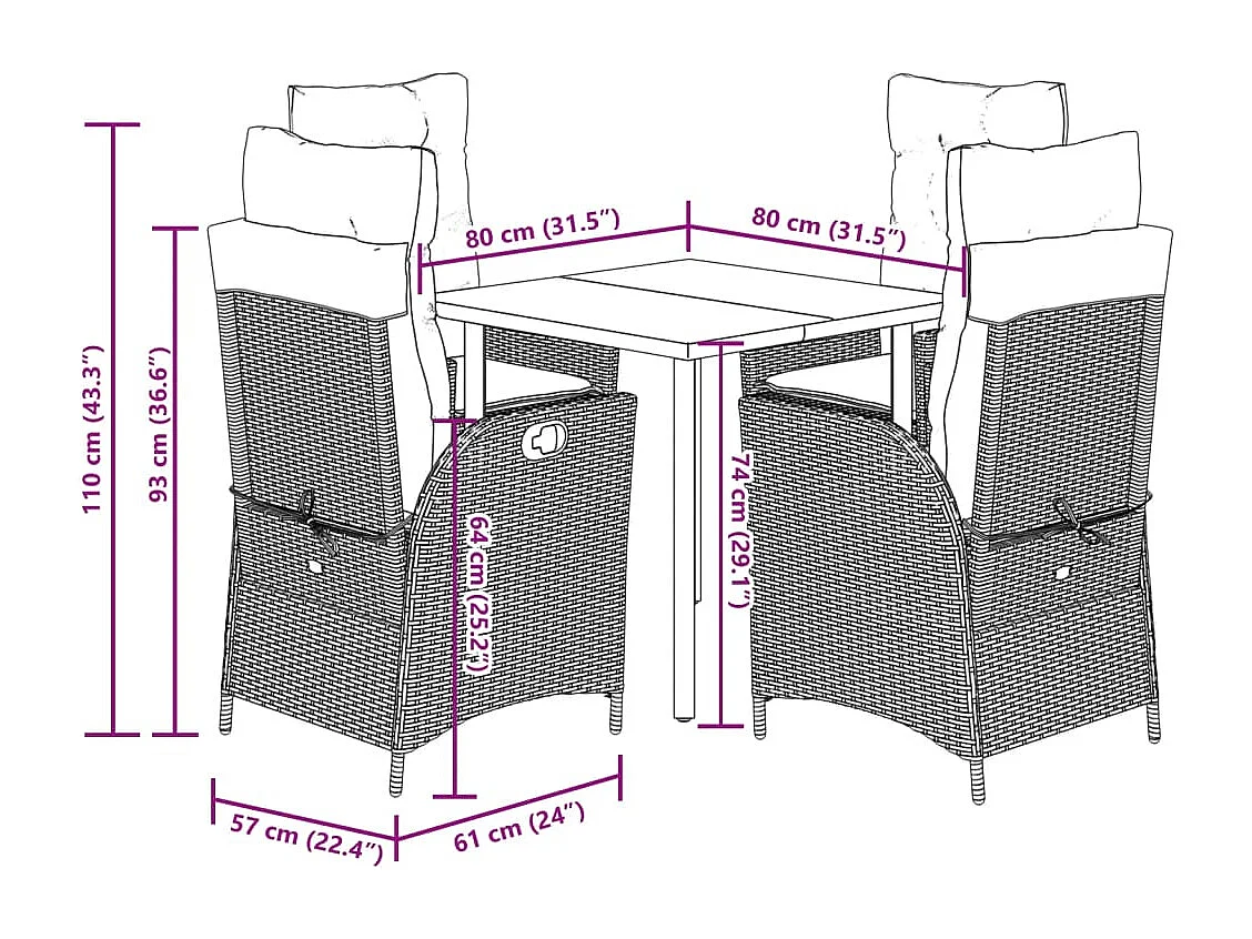 Set Pranzo da Giardino 5pz con Cuscini Grigio Chiaro Polyrattan
