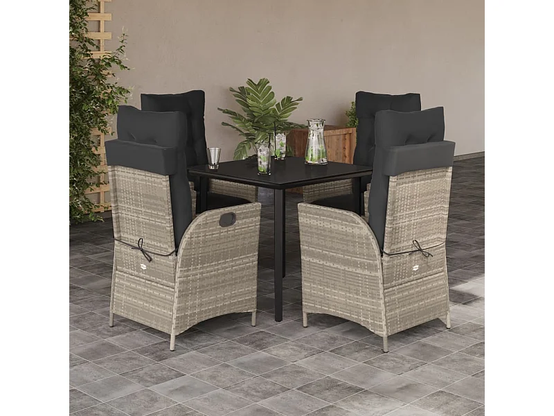 5-tlg. Garten-Essgruppe mit Kissen Hellgrau Poly Rattan