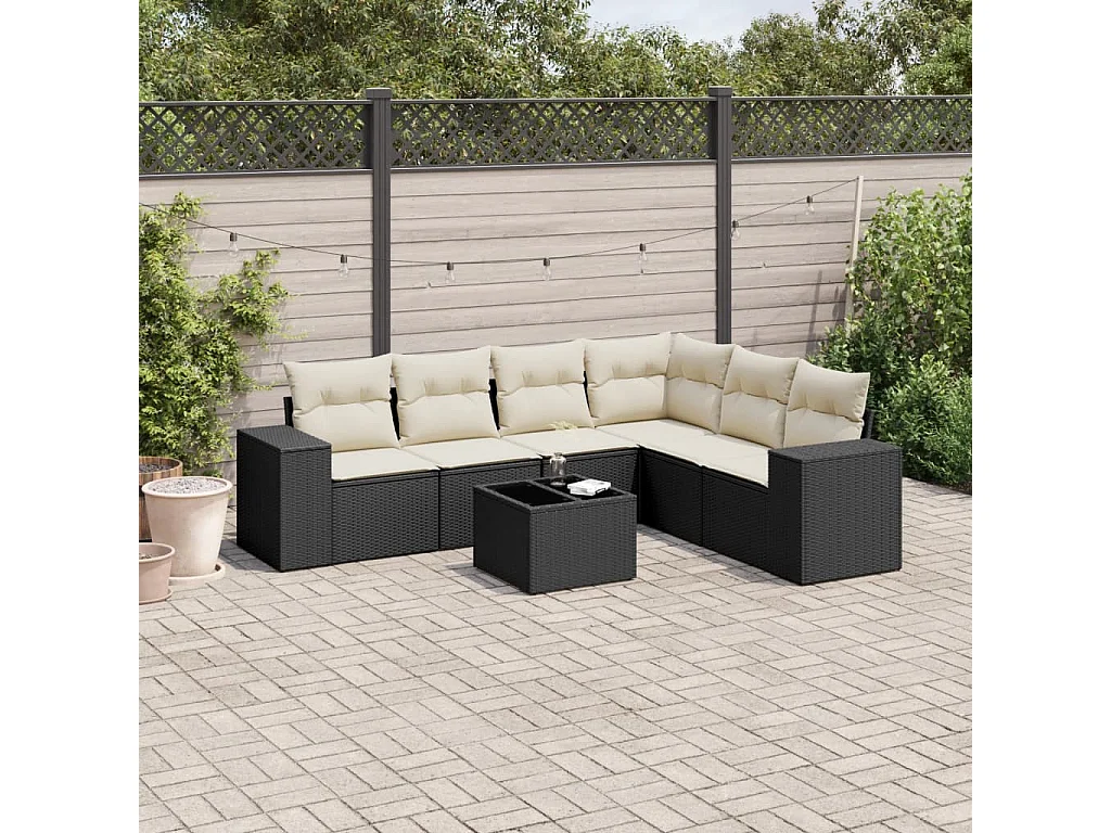 7-tlg. Garten-Sofagarnitur mit Kissen Schwarz Poly Rattan