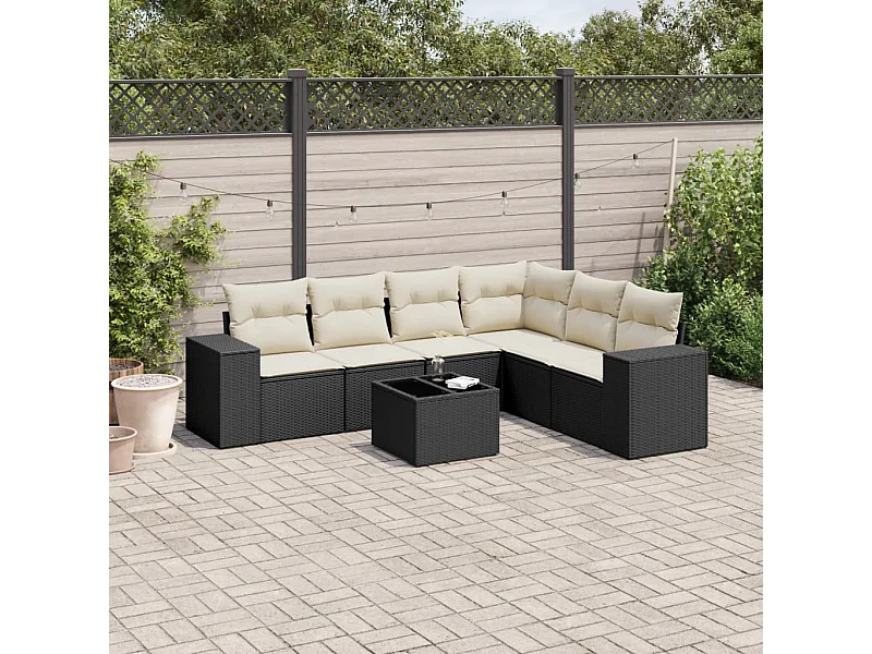 7-tlg. Garten-Sofagarnitur mit Kissen Schwarz Poly Rattan