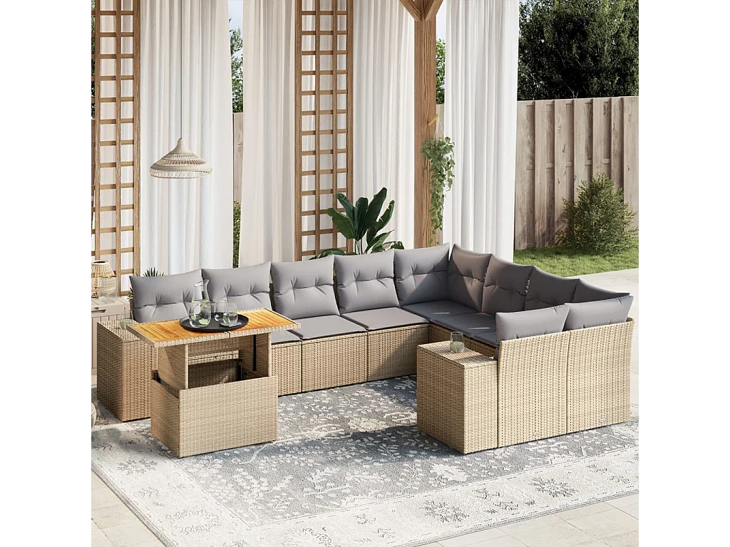 Set Divano da Giardino 10 pz con Cuscini Beige in Polyrattan