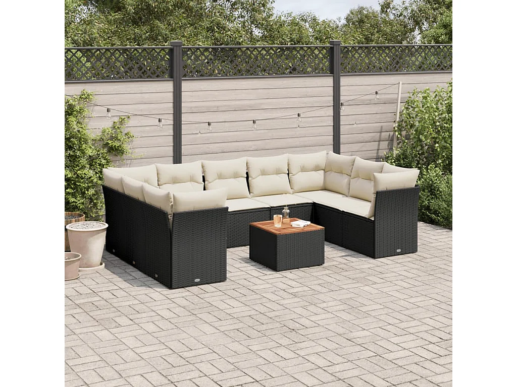 10-tlg. Garten-Sofagarnitur mit Kissen Schwarz Poly Rattan