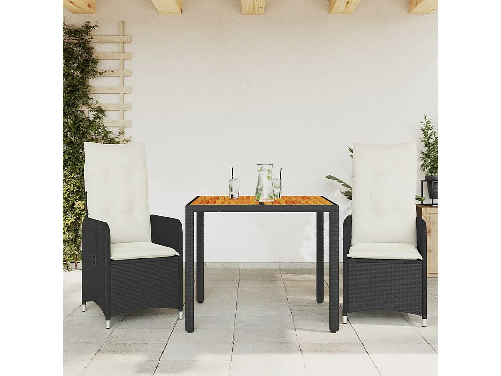 3-delige Bistroset met kussens poly rattan zwart