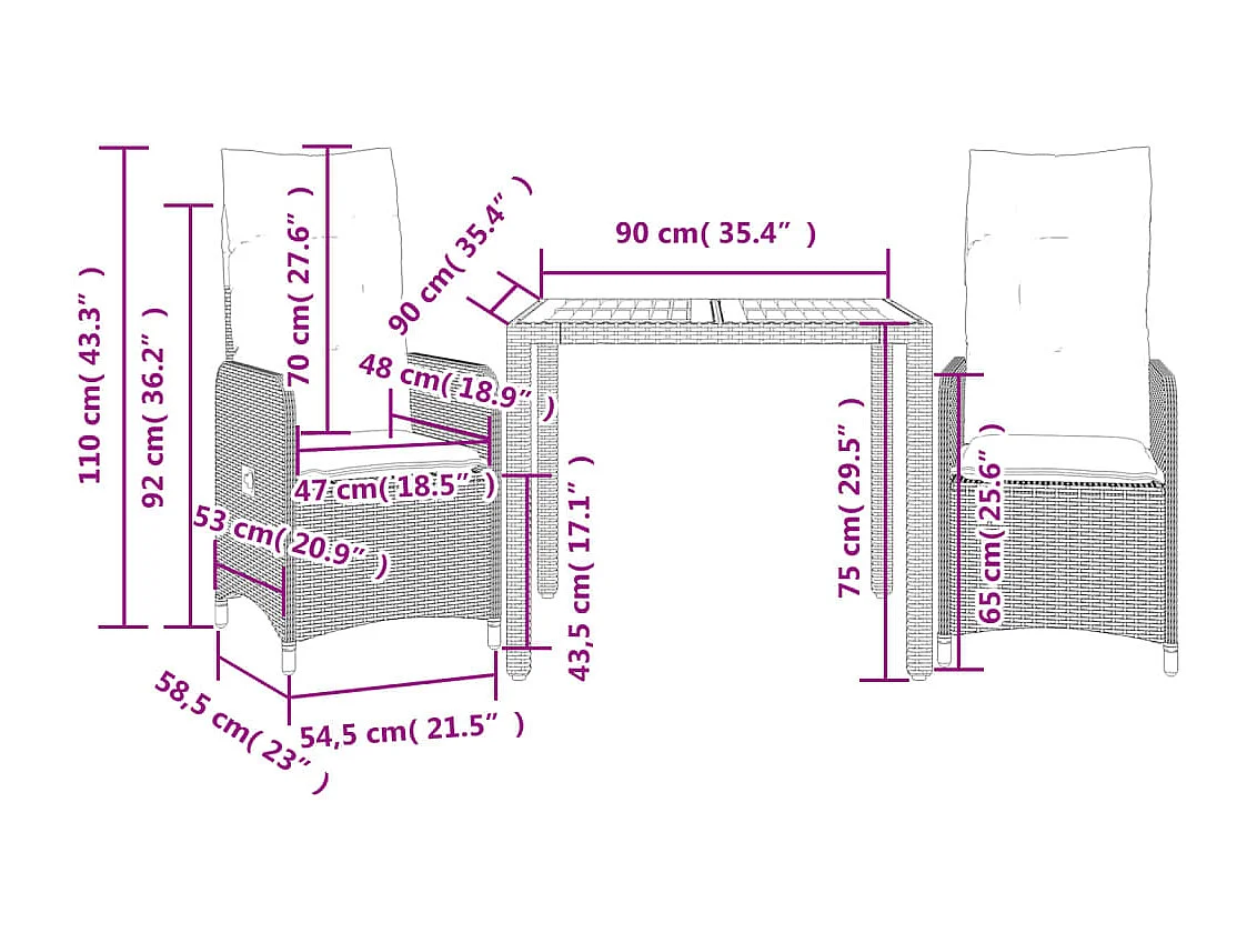 3-delige Bistroset met kussens poly rattan zwart