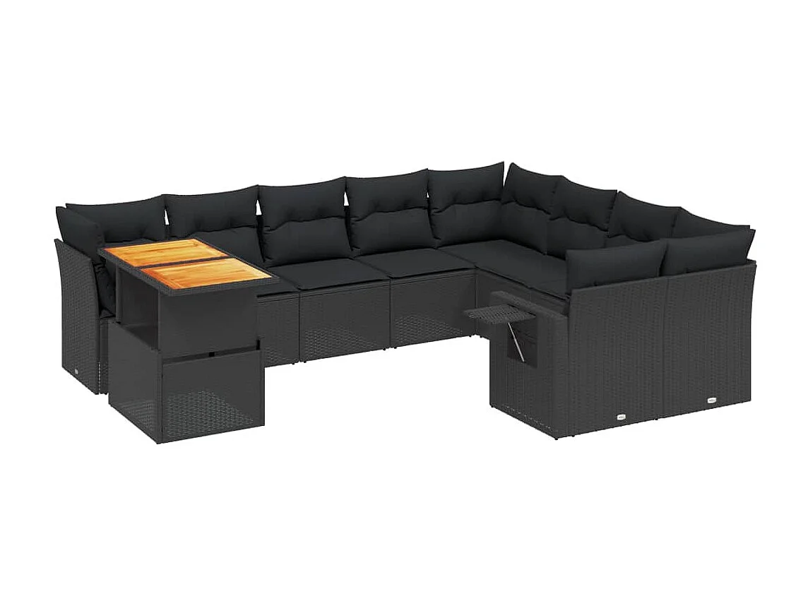 10-tlg. Garten-Sofagarnitur mit Kissen Schwarz Poly Rattan