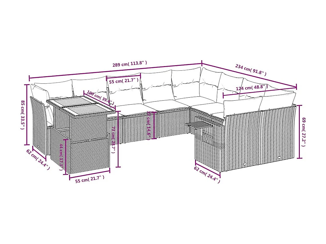 10-tlg. Garten-Sofagarnitur mit Kissen Schwarz Poly Rattan