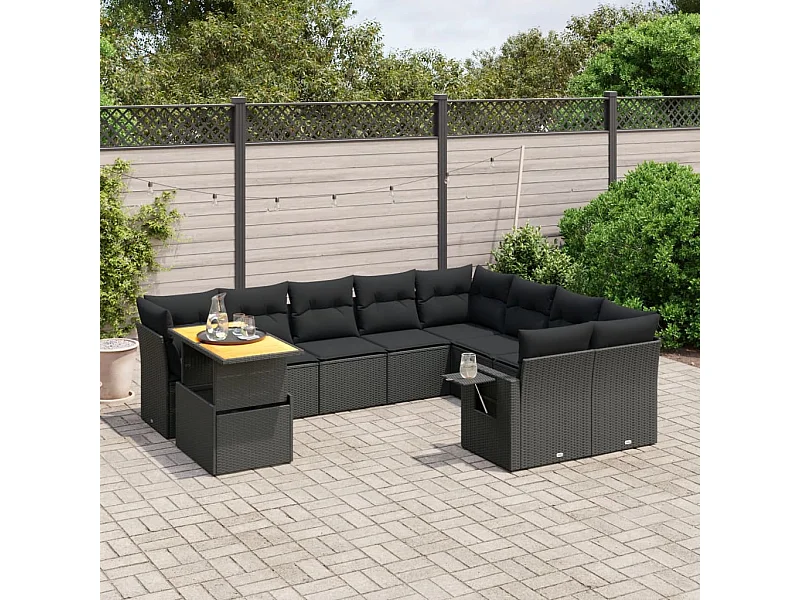 10-tlg. Garten-Sofagarnitur mit Kissen Schwarz Poly Rattan