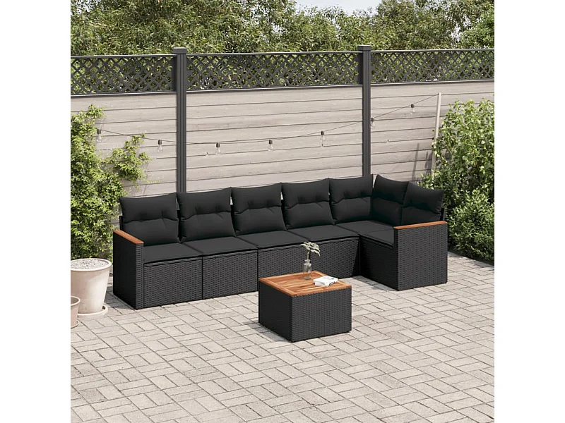7-tlg. Garten-Sofagarnitur mit Kissen Schwarz Poly Rattan